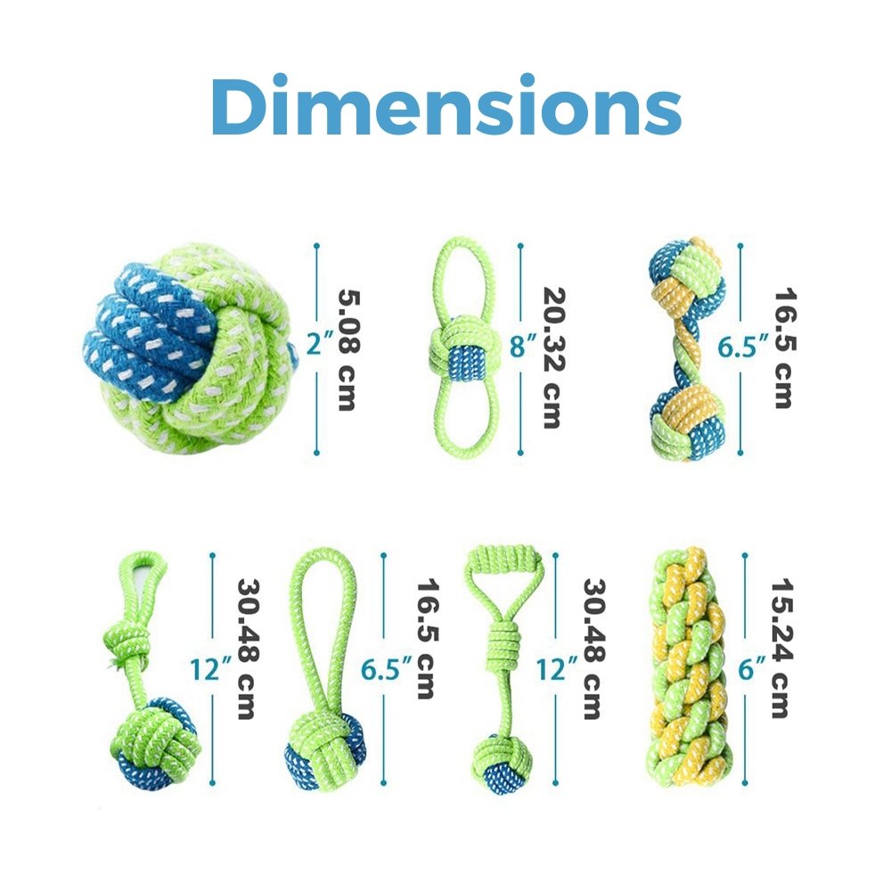 Dimensions du pack de 7 jouets pour chien FUN / Vert / Bleu / Jaune  | Truviafit